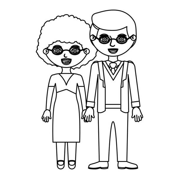 black contour couple curly woman with dress and man in formal suit with taken hands - Vector, Image