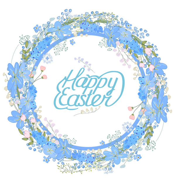 Marco redondo con bonitas flores muscari y texto Feliz Pascua. Círculo floral festivo para su diseño de temporada
. - Vector, Imagen