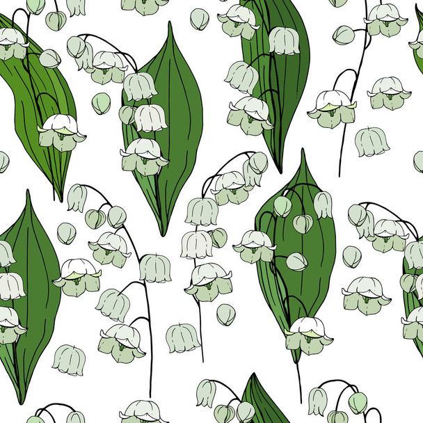 Seamless floral decorative pattern with lilies of the valley. Endless texture for your design, fabrics, decor. - Vector, imagen