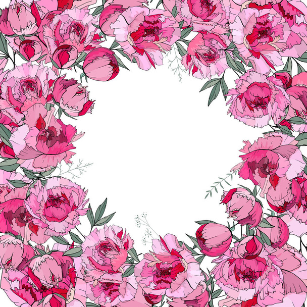 Round frame with pretty red peonies - Διάνυσμα, εικόνα