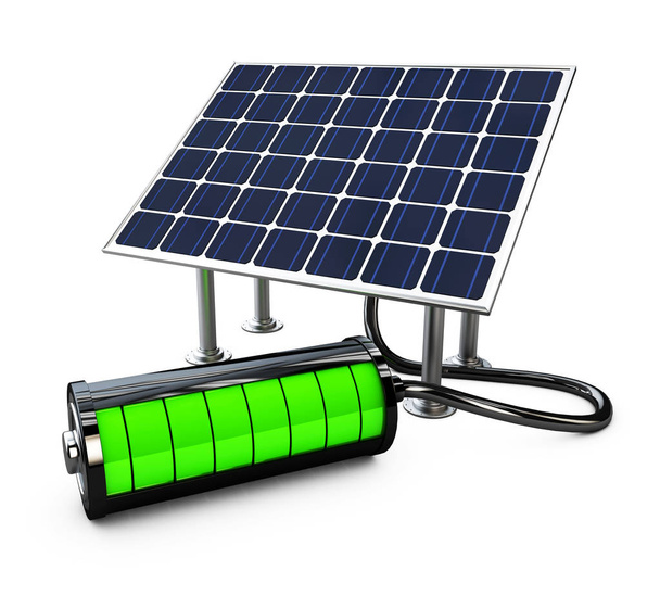 Solarpanel mit voller Batterie, isoliert auf weißem Hintergrund 3d Illustration. - Foto, Bild