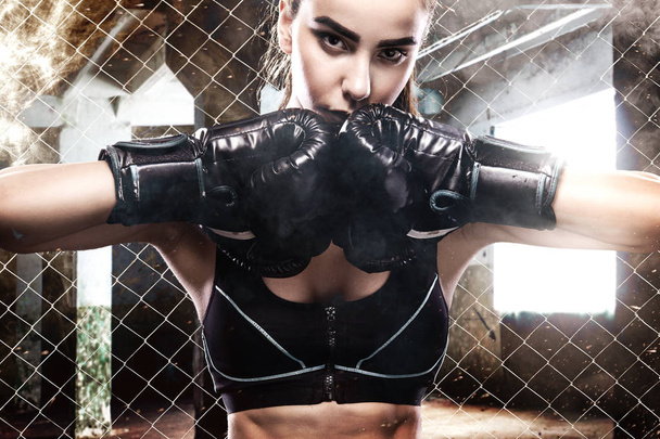 Brutal Fighter boxer woman close up. Sport Concept. - Fotoğraf, Görsel