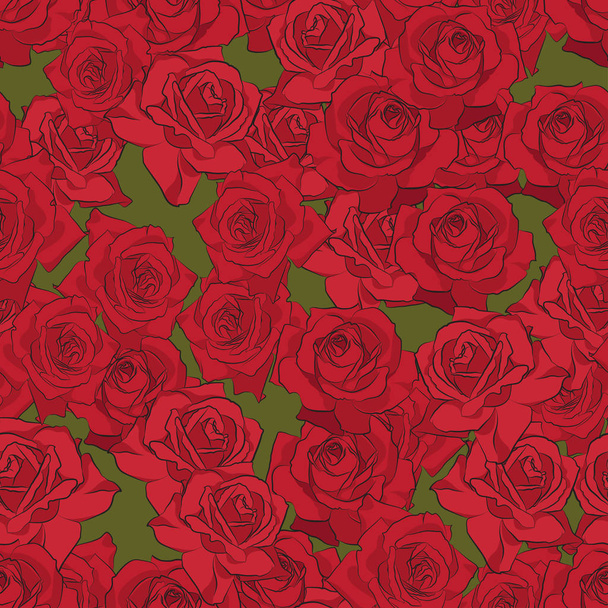 Όμορφο κόκκινο τριαντάφυλλο χωρίς ραφή πρότυπο. Βοτανική σιλουέτα του λουλουδιού. Επίπεδη σχηματοποίηση χρώμα - Διάνυσμα, εικόνα