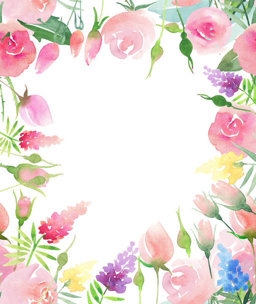 Beautiful delicate tender cute elegant lovely floral colorful spring summer pink and red roses with buds and leaves bouquets pattern watercolor hand illustration - Foto, Imagem