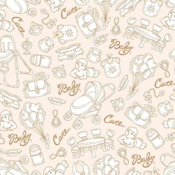 Vector seamless pattern with hand drawn goods, accessories for little baby on beige color. Pattern on the theme of newborn baby - Vector, Image