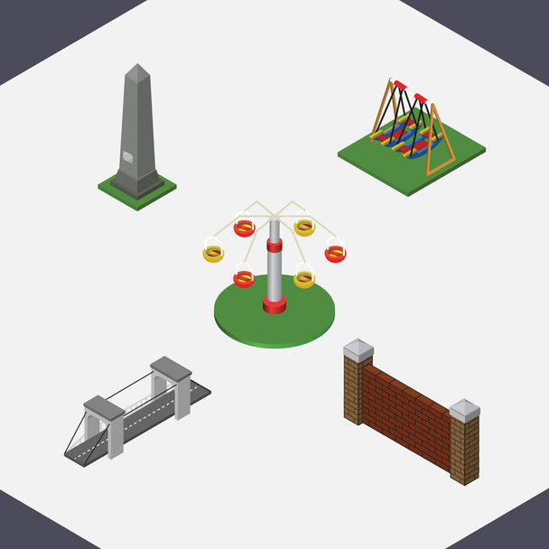 Isometric Street Set Of Swing Attraction, Highway, Barrier And Other Vector Objects. Also Includes Brick, Monument, Carousel Elements. - Vector, Image