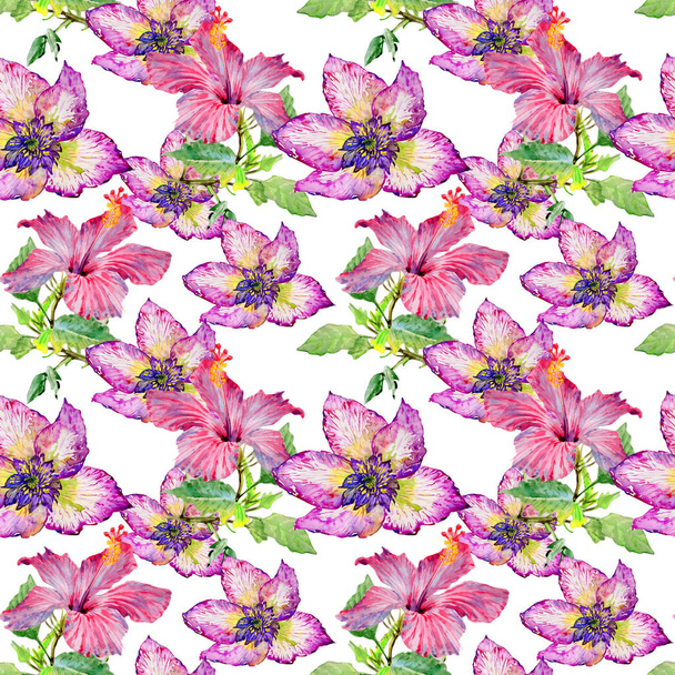 Wildflower hibiscus flower pattern in a watercolor style isolated. - Foto, afbeelding
