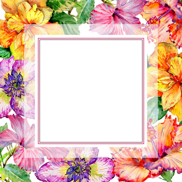 Wildflower hibiscus flower frame in a watercolor style isolated. - Photo, image