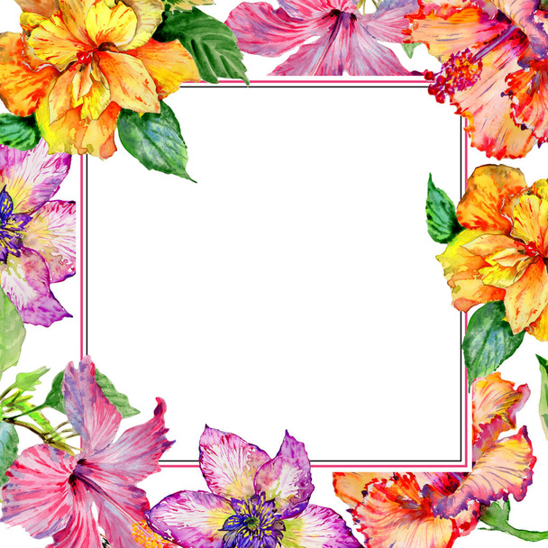 Wildflower hibiscus flower frame in a watercolor style isolated. - 写真・画像