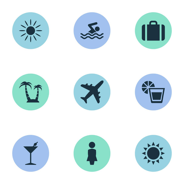 Vektoros illusztráció Set Beach egyszerű ikonok. Elemek repülőgép, koktél, úszás férfi és más szinonimák napsütés, ember és poggyász. - Vektor, kép