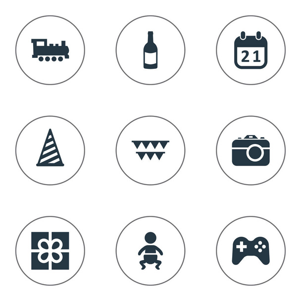 Illustrazione vettoriale Set di icone di celebrazione semplice. Elementi Cap, treno, gioco e altre sinonimi Fizz, bevande e champagne
. - Vettoriali, immagini