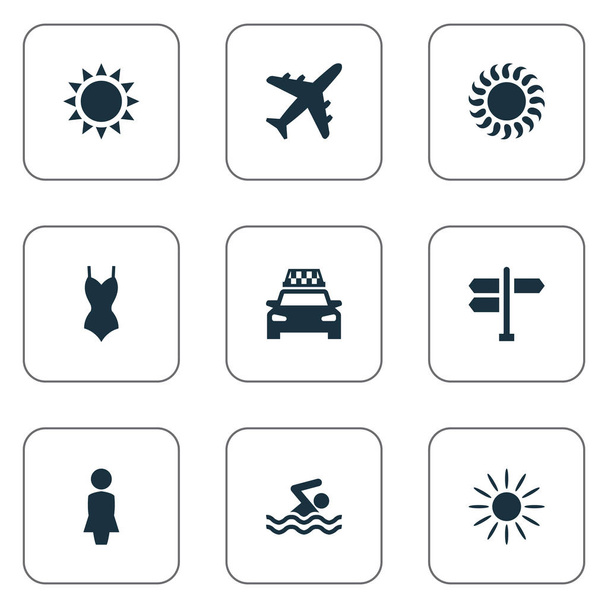 Vektoros illusztráció Set Beach egyszerű ikonok. Taxi elemek, a repülőgép, a nap és a többi szinonimák úszás, az ember és a repülőgép. - Vektor, kép