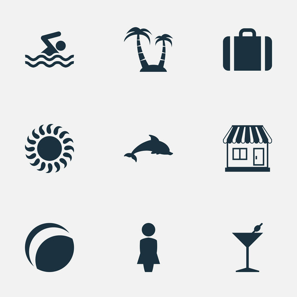 Vektoros illusztráció Set Beach egyszerű ikonok. Elemek emlős hal, a nő, a tenyér és a többi szinonimák poggyász, úszás és strand. - Vektor, kép
