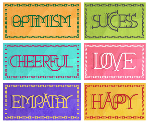 6 πολύχρωμες πινακίδες με αισιόδοξη διακοσμητικά γράμματα - Διάνυσμα, εικόνα