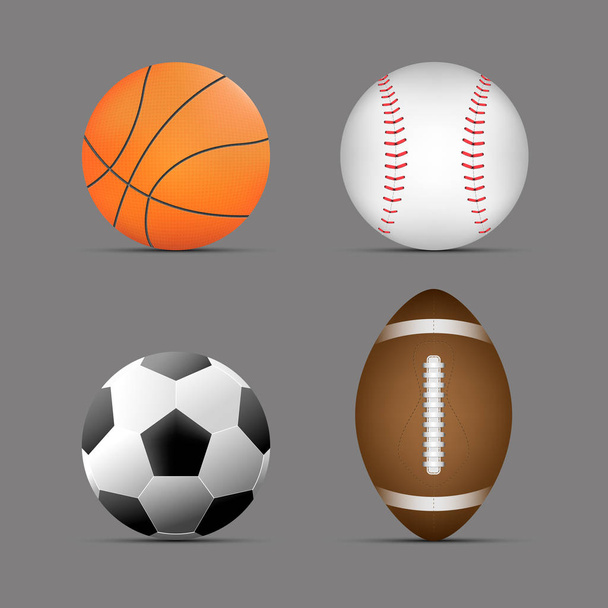 basketball ball, football / soccer ball, rugby / american football ball, baseball ball with gray background.set of sports balls. vector. illustration.  - Vector, Image