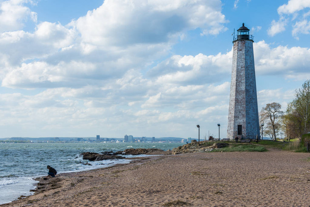 New England vuurtoren in Lighthouse Point Park in New Haven Con - Foto, afbeelding