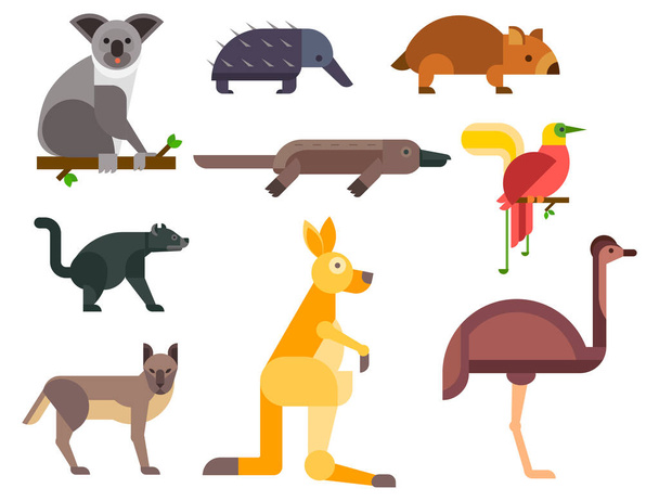 Ausztrália vadon élő állatok cartoon népszerű jellegét karakterek lapos stílusú és ausztrál emlős ausztrál őshonos erdei gyűjtemény vektoros illusztráció. - Vektor, kép