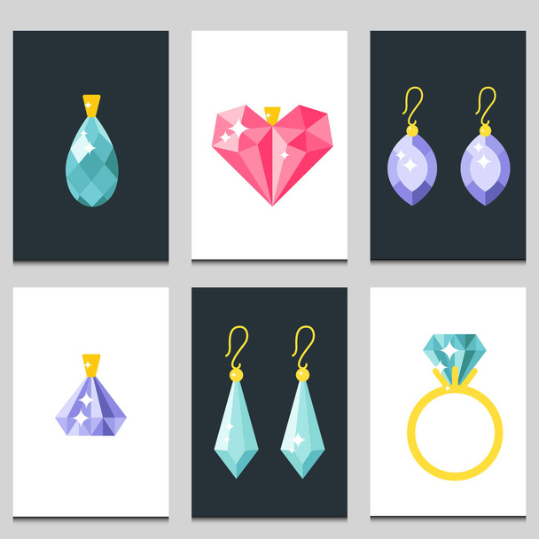 Vector jewelry items gold cards elegance gemstones precious accessories fashion illustration - Vector, Image
