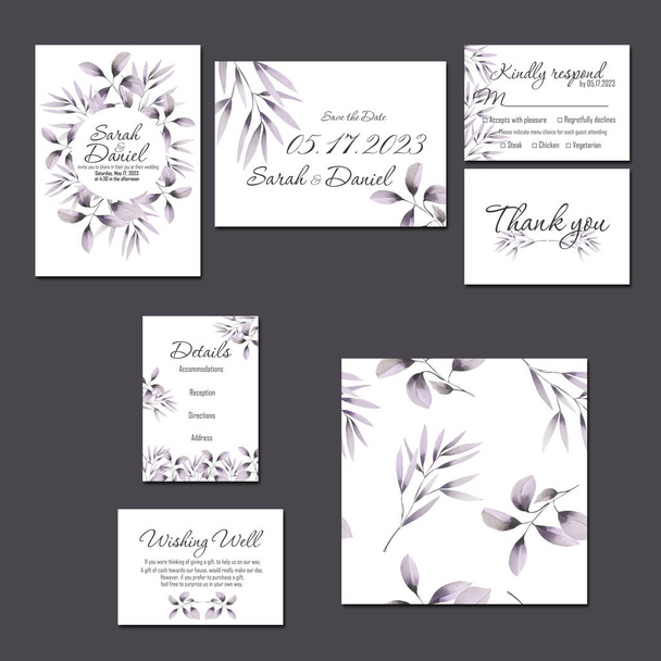 Template cards set with watercolor purple branches - Photo, Image