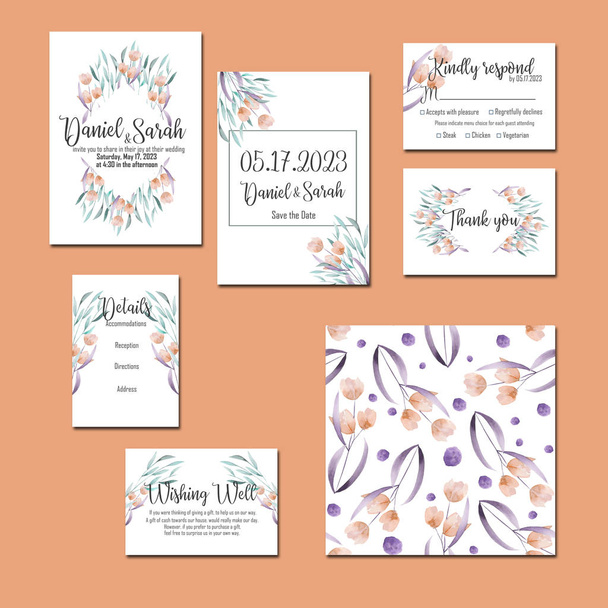 Template cards set with watercolor flowers and plants - Photo, Image