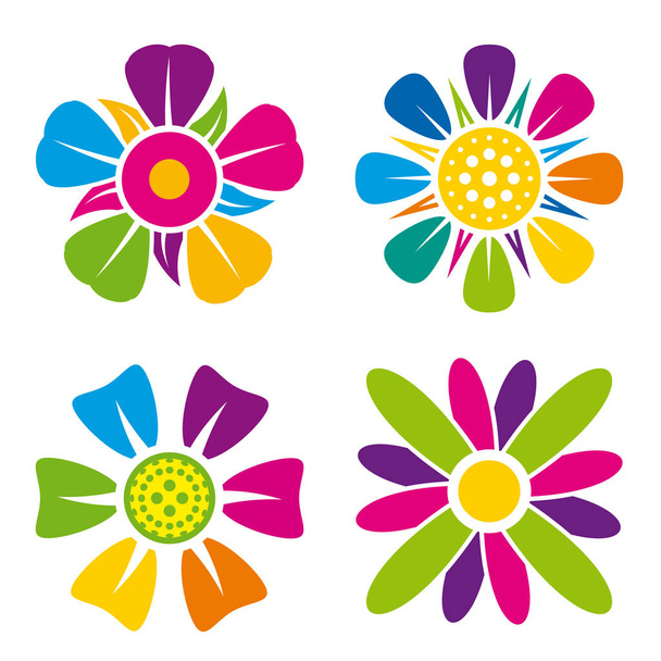 Set of four multicolor flower icons on white background _ Vector image - Vektör, Görsel