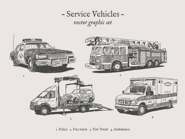 Service vehicles vintage vector illustration set - Vector, Image
