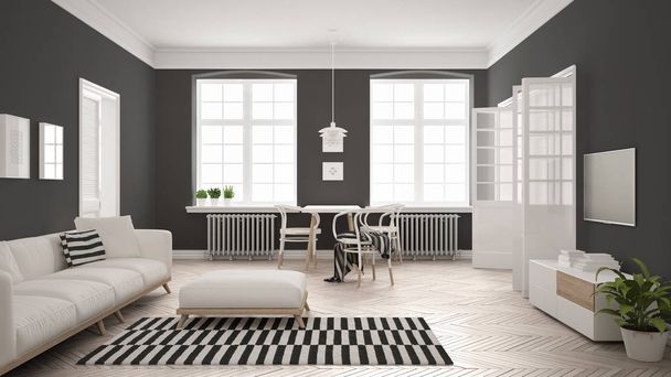 Sala de estar minimalista brilhante com sofá e mesa de jantar, escândalo
 - Foto, Imagem