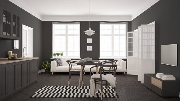Sala de estar minimalista brilhante com sofá e mesa de jantar, escândalo
 - Foto, Imagem