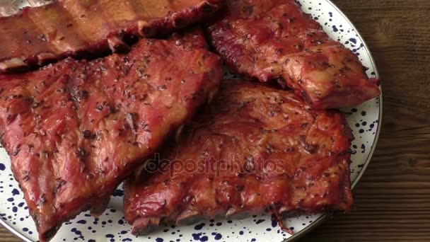 Homemade smoked barbecue pork ribs ready to eat - Footage, Video