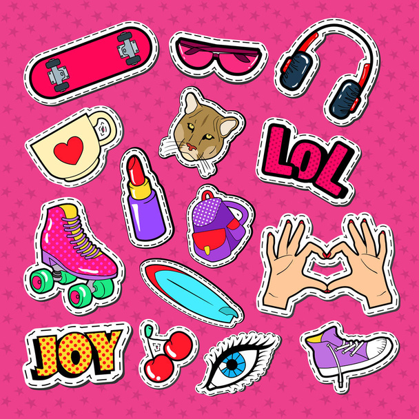 Teenager Girl Fashion Badges, Patches and Stickers. Girlish Style Doodle with Lipstick, Eyeglasses and Skateboard. Vector illustration - Vector, Image