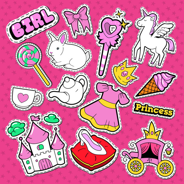 Küçük Prenses çıkartmaları, rozetleri ve yamalar. Tek boynuzlu at, taç ve lolipop ile şirin kız doodle. Vektör çizim - Vektör, Görsel