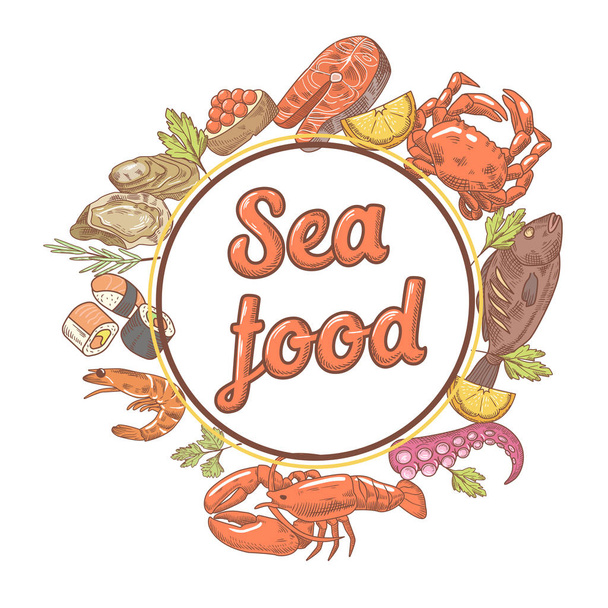 Restaurante de frutos do mar Menu Design com peixes, caranguejo e ostras. ilustração vetor desenhado à mão
 - Vetor, Imagem