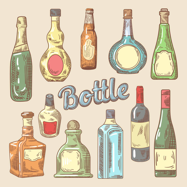 Hand Drawn Set of Different Bottles for Drinks. Vector Doodle - Vector, Image