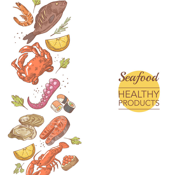 Frutti di mare Prodotti sani Ristorante Menu Template. Illustrazione vettoriale disegnata a mano di pesci, granchi e ostriche
 - Vettoriali, immagini