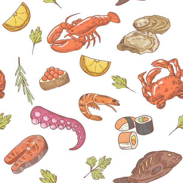 Modèle sans couture dessiné à la main de fruits de mer. Fond vectoriel avec crevettes, crabe et poisson
 - Vecteur, image