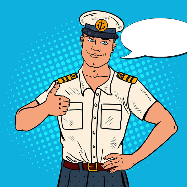 Smiling Sea Captain Showing Thumb Up. Cruise Vacation. Pop Art Vector illustration - Vector, Image