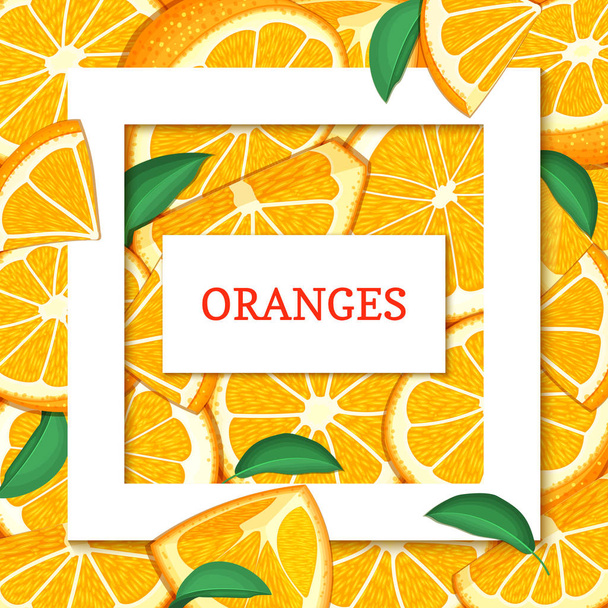Square white frame and rectangle label on citrus orange fruit background. Vector card illustration. - Vector, Image