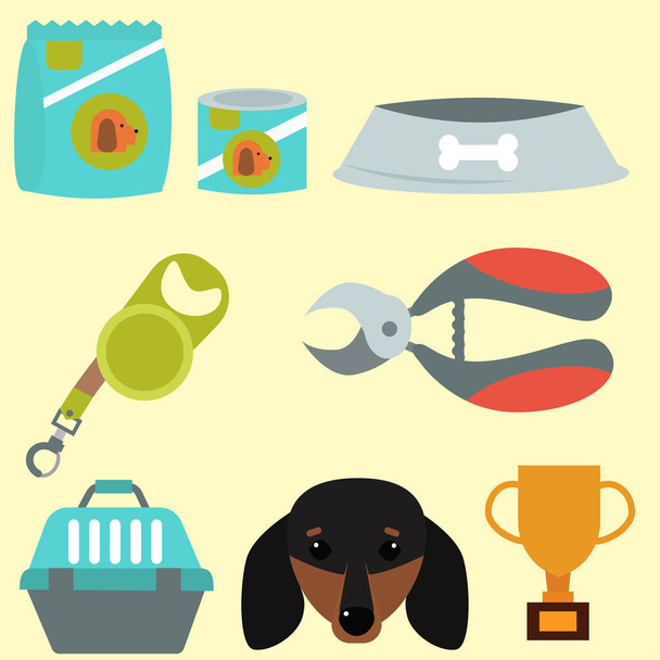 Dachshund dog playing vector illustration elements set flat style puppy domestic pet accessory. - Vecteur, image
