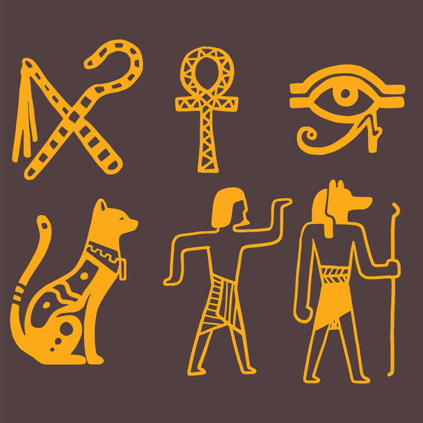Mısır seyahat geçmiş sybols çizilmiş tasarım geleneksel hiyeroglif vektör çizim stili el. - Vektör, Görsel