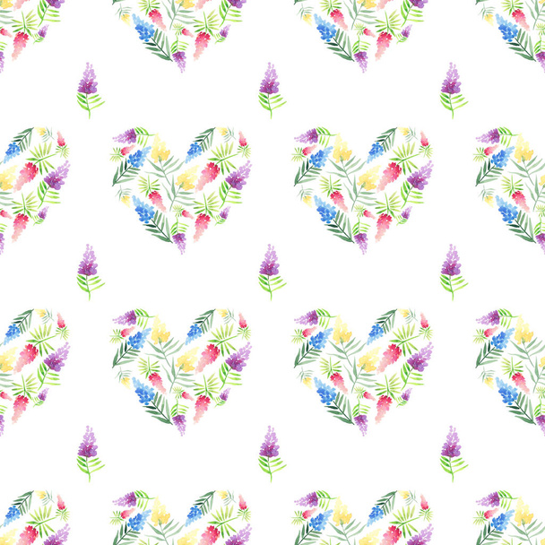 Tender delicate cute elegant lovely floral colorful spring summer red, blue, purple and yellow wildflowers with green leaves pattern like a heart watercolor hand illustration - Foto, afbeelding