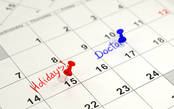 Κόκκινο και μπλε καρφίτσες σήμανση τις σημαντικές μέρες σε ένα ημερολόγιο - Φωτογραφία, εικόνα