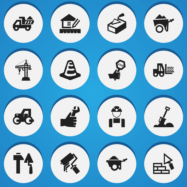 Satz von 16 editierbaren Konstruktionssymbolen. beinhaltet Symbole wie Bauwerkzeuge, Handwagen, Hände. kann für Web-, Mobil-, UI- und Infografik-Design verwendet werden. - Vektor, Bild