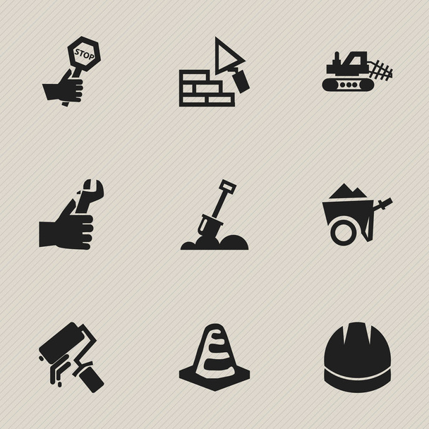 Conjunto de 9 iconos edificables. Incluye símbolos como Hardhat, Handcart, Scrub. Puede ser utilizado para el diseño de la tela, móvil, interfaz de usuario e infografía
. - Vector, imagen
