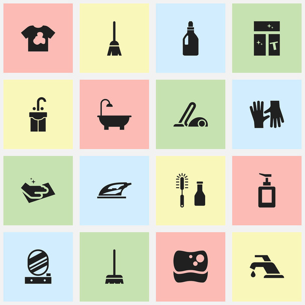 Conjunto de 16 iconos de limpieza en seco editables. Incluye símbolos como toalla, detergente de lavandería, limpiador y más. Puede ser utilizado para el diseño de la tela, móvil, interfaz de usuario e infografía
. - Vector, Imagen