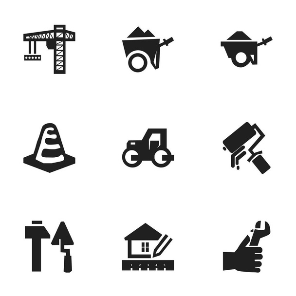 Conjunto de 9 iconos de construcción editables. Incluye símbolos tales como equipo de elevación, programación del hogar, carro y más. Puede ser utilizado para el diseño de la tela, móvil, interfaz de usuario e infografía
. - Vector, imagen