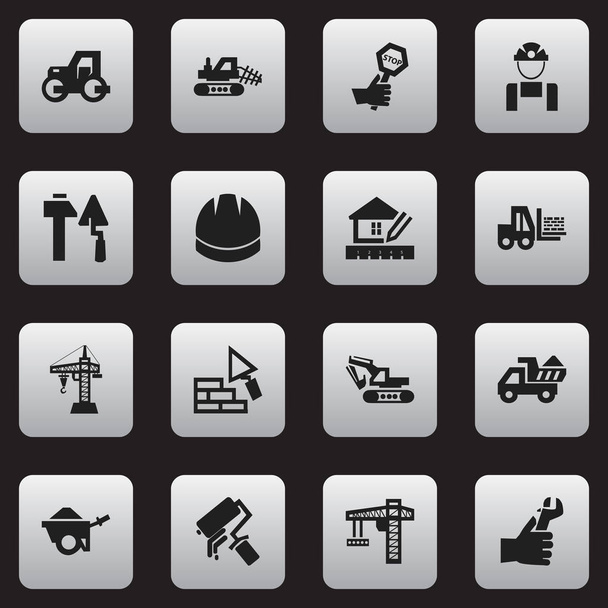 Set Of 16 Editable Construction Icons. Includes Symbols Such As Mule, Camion, Construction Tools And More. Can Be Used For Web, Mobile, UI And Infographic Design. - Vector, Image