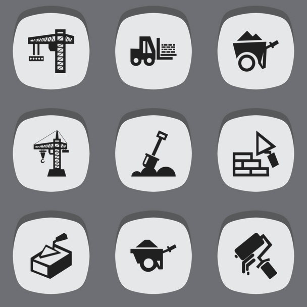 Készlet 9 szerkeszthető szerkezet ikonok. Magában foglalja a szimbólumok például küzdő, teherautó, emelő berendezések, és több. Lehet használni a Web, mobil, Ui és Infographic Design. - Vektor, kép