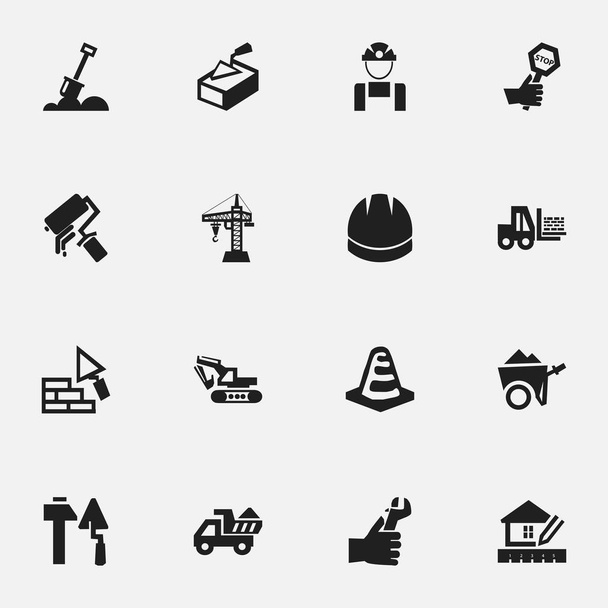 Conjunto de 16 iconos de construcción editables. Incluye símbolos tales como objeto de aviso, carro de mano, empleado. Puede ser utilizado para el diseño de la tela, móvil, interfaz de usuario e infografía
. - Vector, imagen