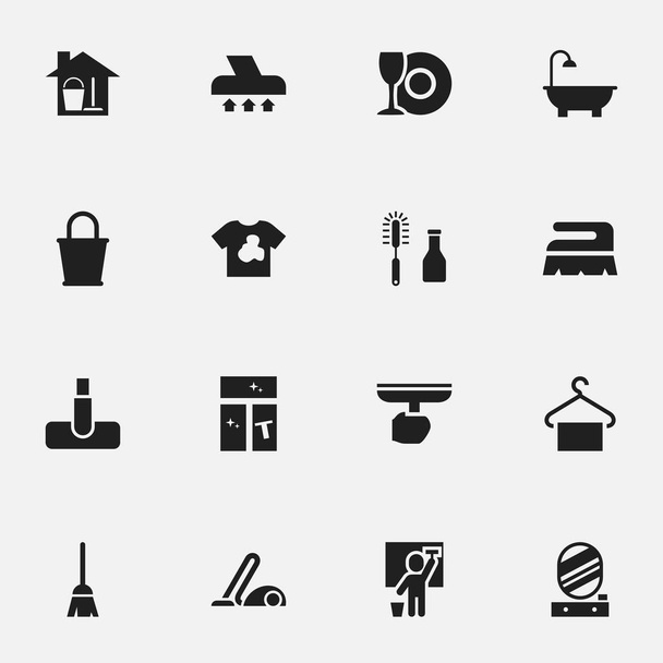 Conjunto de 16 iconos de limpieza en seco editables. Incluye símbolos como baño, espejo de pared, barrido y más. Puede ser utilizado para el diseño de la tela, móvil, interfaz de usuario e infografía
. - Vector, Imagen