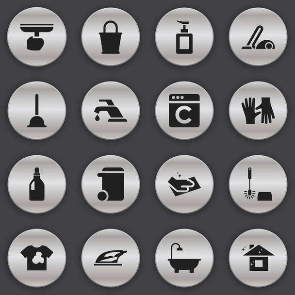 Conjunto de 16 iconos de limpieza editables. Incluye símbolos como desinfectante de manos, electrodomésticos, drenaje de goma. Puede ser utilizado para el diseño de la tela, móvil, interfaz de usuario e infografía
. - Vector, Imagen